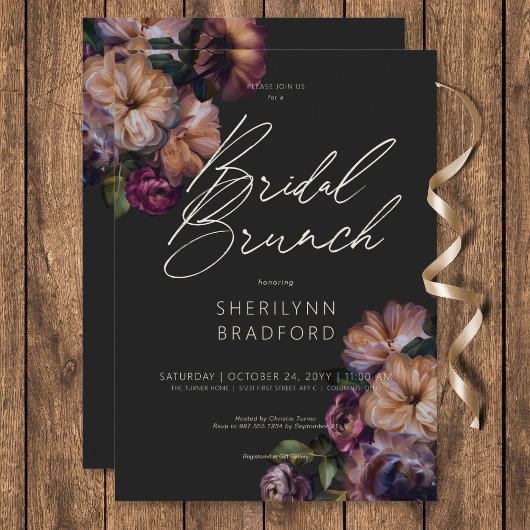 ヴィンテージ ダークバーガンディ＆ゴールド フラワー ブライダル ブランチ 招待状