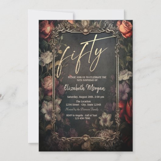 ヴィンテージ ダークローズ ゴシック 50歳の誕生日 招待状 (正面)