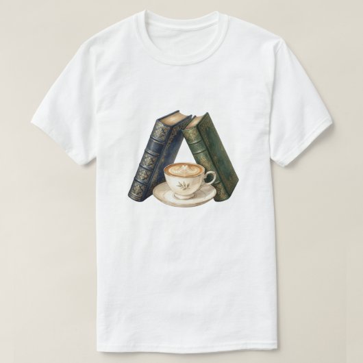 ヴィンテージ ダーク アカデミア 本とくつろぎのラテ コーヒー Tシャツ (デザイン正面)