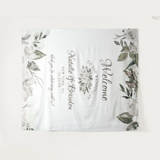 ヴィンテージ チェリッシュ ホワイト フローラル ローズ ウェディング ウェルカム タペストリー (正面(横))