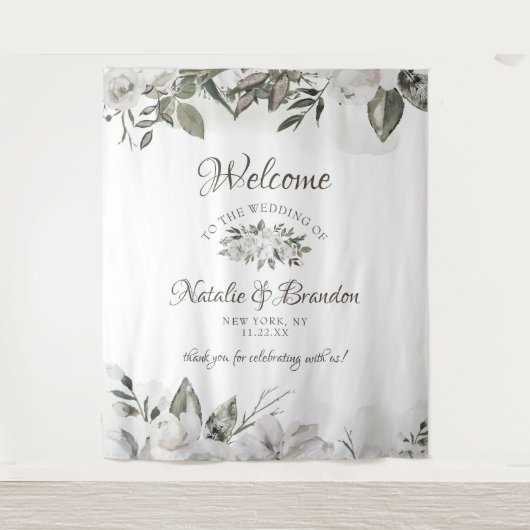 ヴィンテージ チェリッシュ ホワイト フローラル ローズ ウェディング ウェルカム タペストリー (正面)