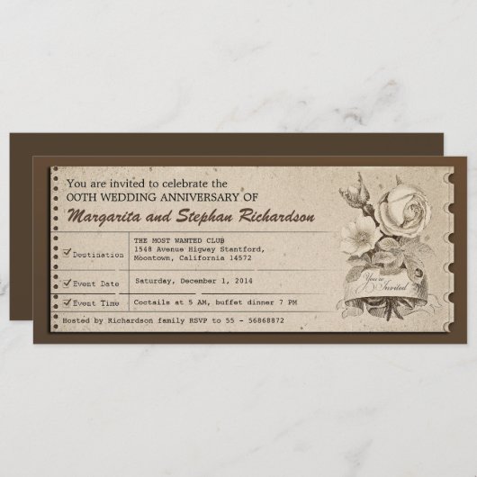 ヴィンテージ チケット ウェディング アニバーサリー インビテーションズ 招待状 (正面/裏面)
