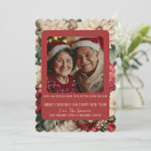 ヴィンテージ チックなクリスマス フローラル レッド グリーン フォト カード (スタンド正面)