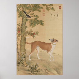 ヴィンテージ チャイニーズ・グレイハウンドの犬と鳥の芸術 ポスター