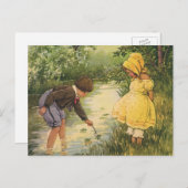 ヴィンテージ・チャイルド・ボーイ・ガール遊・バイ・クリーク ポストカード (正面/裏面)