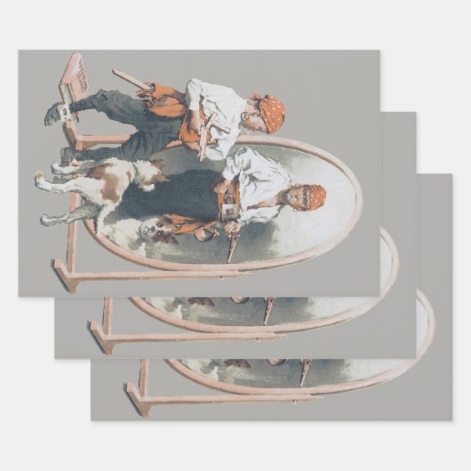 ヴィンテージ チャイルド,少年海賊,犬,鏡,海賊 ラッピングペーパーシート (セット)