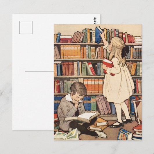 ヴィンテージ・チルドレンズブック・ウィークの図書館イラスト ポストカード (正面/裏面)