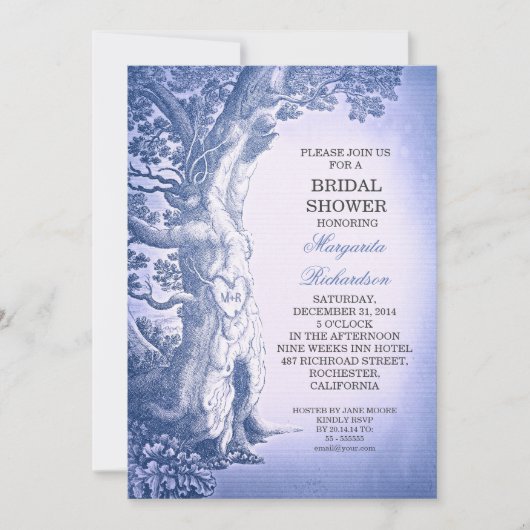 ヴィンテージ ツリー 青い ラスティック ウェディング シャワー 招待状 (正面)