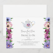 ヴィンテージ ティーパーティー ティーポット 花のブライダルシャワー 招待状 (正面/裏面)