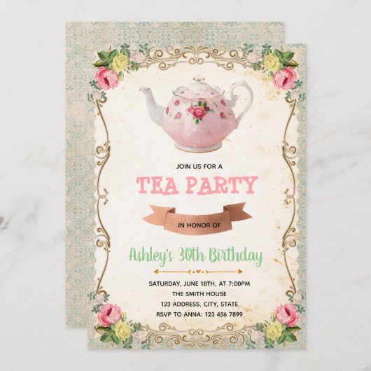 ヴィンテージ ティーパーティー テーマの招待状 招待状 (正面/裏面)