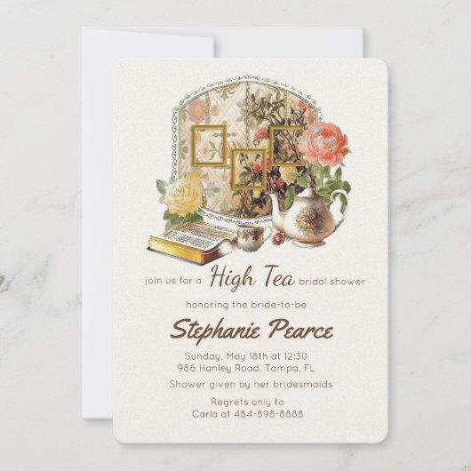 ヴィンテージ ティーパーティー ブライダル バースデー ティーカップ フローラル 招待状 (正面)