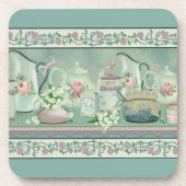 ヴィンテージ ティールカラーのお茶とバラの コースター (正面)