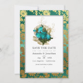 ヴィンテージ ティール - ターコイズとゴールドの花柄 ウェディング セーブザデート (正面)