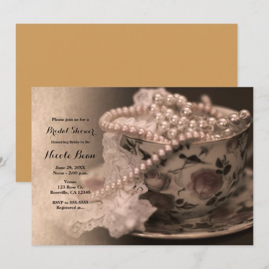 ヴィンテージ ティー カップ & パール ブライダル シャワー 招待状 (正面/裏面)