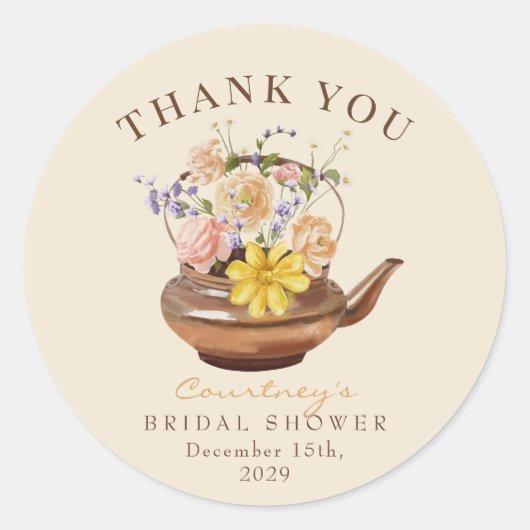 ヴィンテージ ティー | 花のウェディング シャワー フェイバー ラウンドシール (正面)