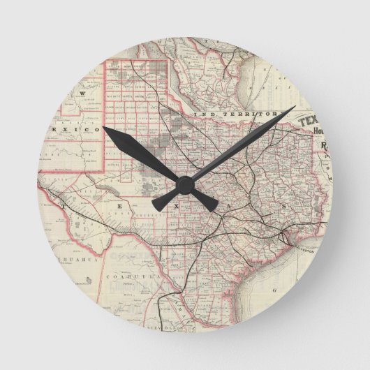 ヴィンテージ-テキサス州鉄道網図（1885年） ラウンド壁時計 (正面)