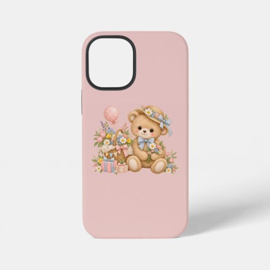 ヴィンテージ・テディベアとワイルドフラワーのお祝い iPhoneケース (裏面)