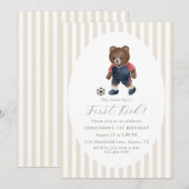 ヴィンテージ テディベア サッカー ファーストキック 1歳の誕生日 招待状 (正面/裏面)