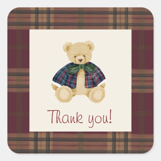 ヴィンテージ テディベア チェック柄 サンクス スクエアシール (正面)