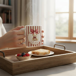 ヴィンテージ テディベア レッドボウ 水彩 名前  コーヒーマグカップ