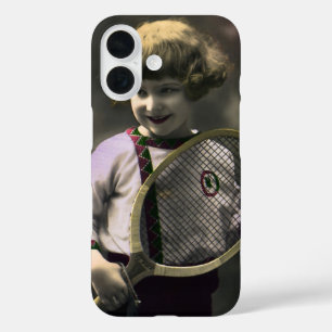 ヴィンテージ テニス スポーツ、ラケットを持つ幸せな女の子 iPhone 16ケース