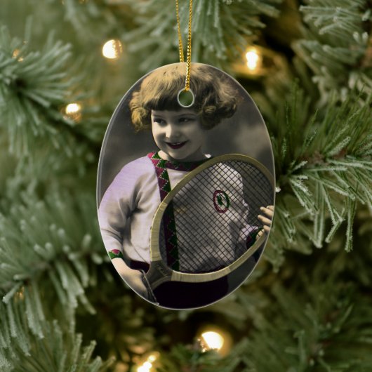 ヴィンテージ テニス スポーツ、ラケットを持つ幸せな少女 セラミックオーナメント (ツリー)