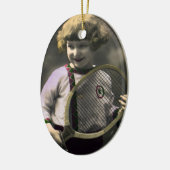 ヴィンテージ テニス スポーツ、ラケットを持つ幸せな少女 セラミックオーナメント (左)