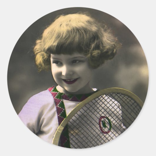 ヴィンテージ テニス スポーツ, ラケットを持つ幸せな少女 ラウンドシール (正面)
