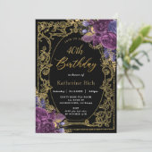 ヴィンテージ ディープ パープル フローラル アンティーク ゴールド バースデー 招待状 (スタンド正面)