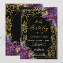 ヴィンテージ ディープ パープル フローラル アンティーク ゴールド バースデー