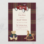 ヴィンテージ トイ カー 赤いチェックのベビーシャワー 招待状 (正面)