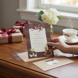 ヴィンテージ トイ カー 赤いチェックのベビーシャワー 招待状