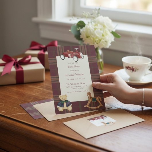 ヴィンテージ トイ カー 赤いチェックのベビーシャワー 招待状