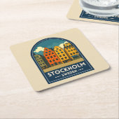 ヴィンテージ トラベル ストックホルム スウェーデン オールドタウン レトロ スクエアペーパーコースター (アングル)