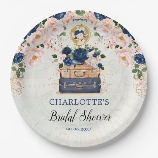 ヴィンテージ トラベル スーツケース ネイビー ブラッシュ ブライダル シャワー ペーパープレート (正面)