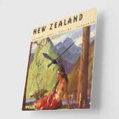 ヴィンテージ トラベル, ニュージーランド 風景 先住民 女性 スクエア壁時計 (傾斜)