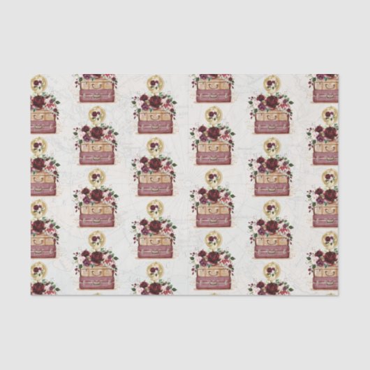 ヴィンテージ トラベル バーガンディー ブラッシュ フラワー デコパージュ 薄葉紙 (正面)