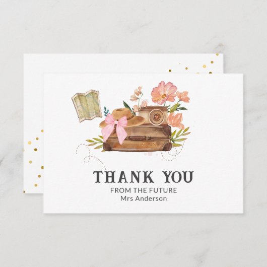 ヴィンテージ トラベル ミス トゥ ミセス トラベル ブライズ シャワー サンキューカード (正面/裏面)