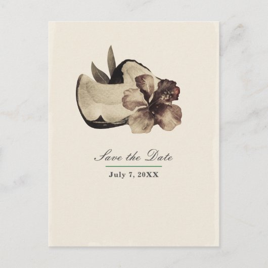 ヴィンテージ トロピカル ココナッツ & ハイビスカス セーブ・ザ・デート 案内ポストカード (正面)