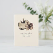 ヴィンテージ トロピカル ココナッツ & ハイビスカス セーブ・ザ・デート 案内ポストカード (スタンド正面)