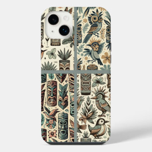 ヴィンテージ・トロピカル・ティキマスクと鳥グレーグリーン iPhone 14 PLUSケース