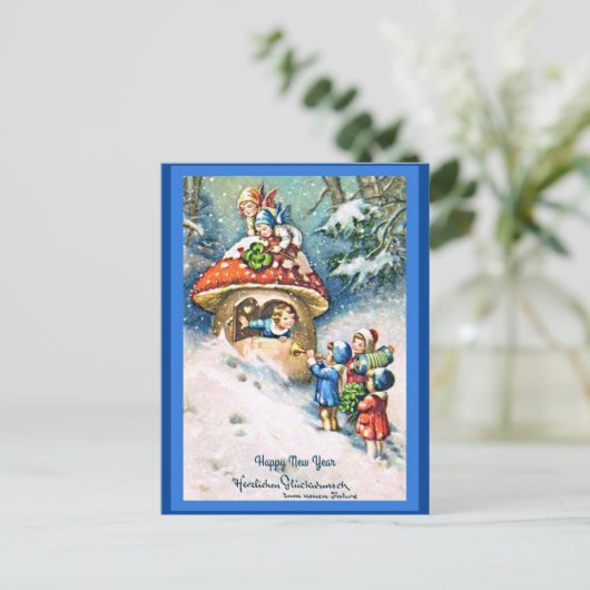 ヴィンテージ ドイツの新年の子供たちとキノコの家 ポストカード (スタンド正面)
