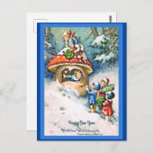 ヴィンテージ ドイツの新年の子供たちとキノコの家 ポストカード (正面/裏面)