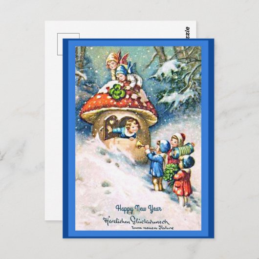 ヴィンテージ ドイツの新年の子供たちとキノコの家 ポストカード (正面/裏面)
