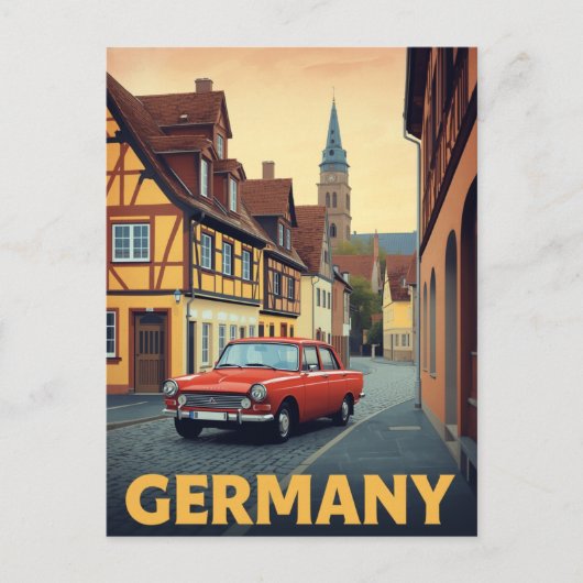 ヴィンテージ ドイツ 赤い車 旅行 ポスター アート ポストカード (正面)