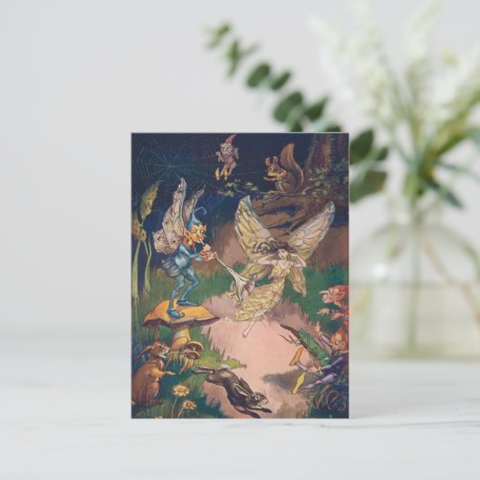 ヴィンテージ – ナイトガーデンに住む妖精と小妖精や小人 ポストカード (スタンド正面)