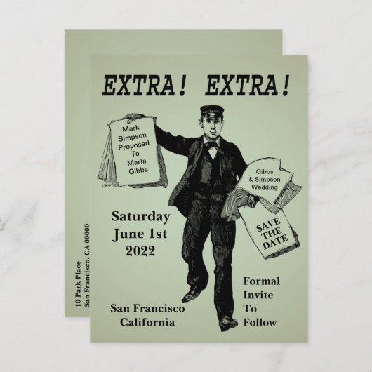ヴィンテージ・ニュース・ウェディング・セーブ・ザ・デート 案内ポストカード (正面/裏面)