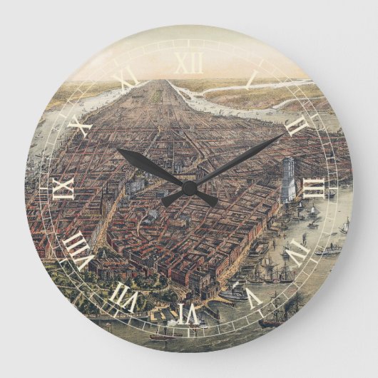 ヴィンテージ ニューヨークシティ、マンハッタン、ブルックリンブリッジ ラージ壁時計 (正面)