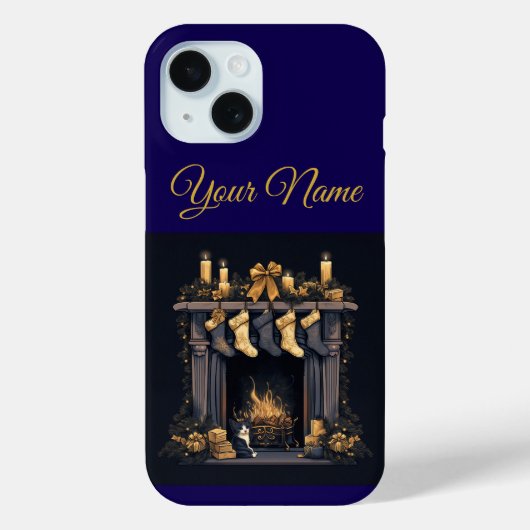 ヴィンテージ ネイビーブルー ゴールド クリスマス iPhone 15 カバー (裏面)
