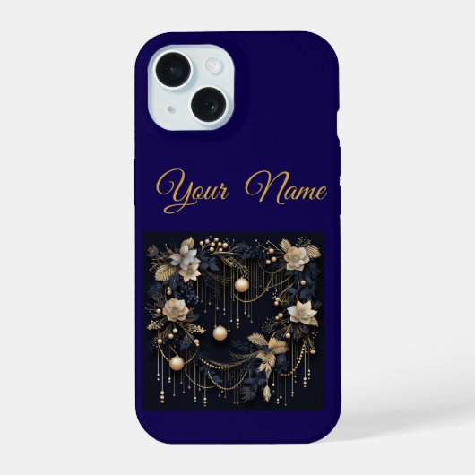ヴィンテージ ネイビーブルー & ゴールド クリスマス iPhone 15 スリム 15ケース (裏面)